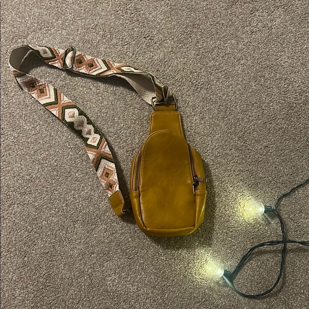 Leather Mustard Yellow Crossbody Bag + Boho Patterned Strap